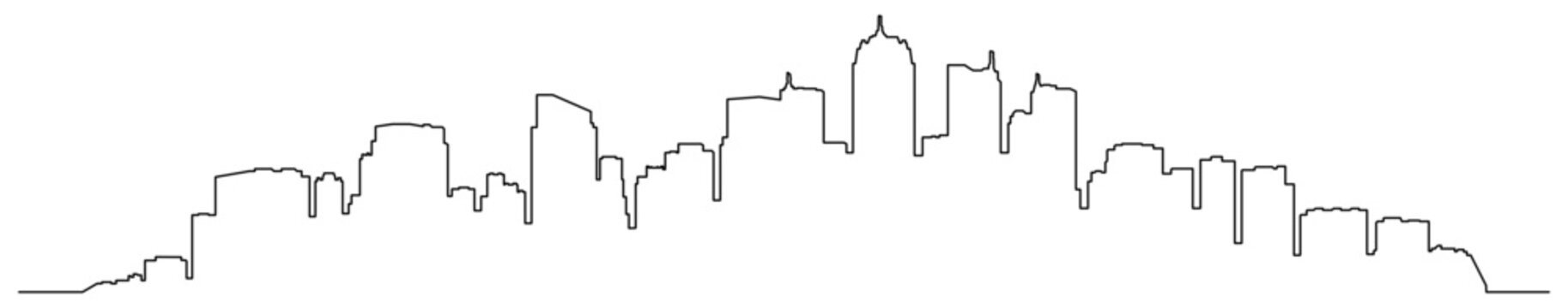 Black line drawing of a city skyline, without background.