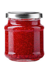 Glass jar of red fruit preserves