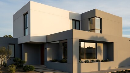 Sleek and modern cube-style home architecture bathed in early morning light