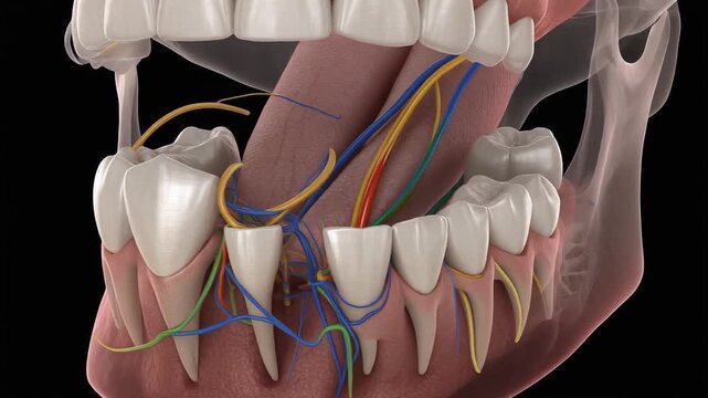 The Mandibular Canal. A transparent 3D view of the lower jaw showing the root structure of the permanent molars and the close passage of the mandibular canal containing the nerve and vessels. .
