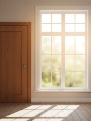 Sunlight streams through window illuminating interior space and wooden door