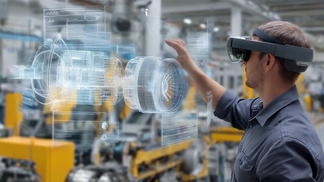 Innovative technician using augmented reality to enhance smart manufacturing processes in a modern industrial facility
