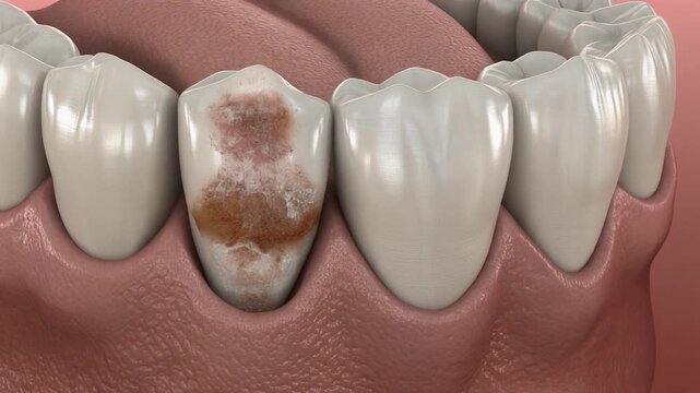 Tooth Abrasion Detail. A close-up 3D view of the crown of an older permanent tooth, showing subtle, characteristic wear patterns (abrasion) on the enamel and dentin due to long-term use. .
