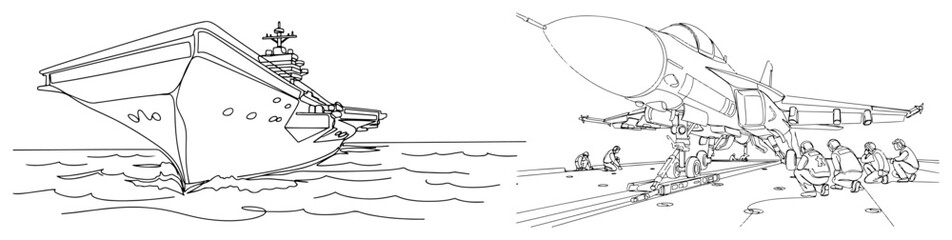 Continuous line drawing of an aircraft carrier at sea and a military jet being serviced by ground crew © Alicja
