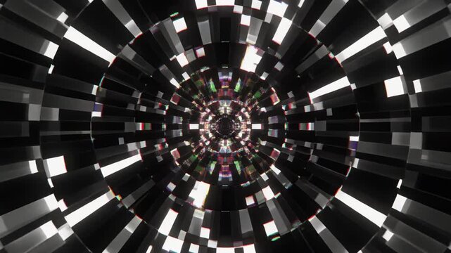 Futuristic sci-fi tunnel loop with digital glitch effects and black and white geometric blocks