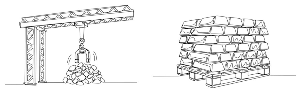 Industrial gantry crane with magnetic lifter and stacked metal ingots on a wooden pallet in minimalist line art style