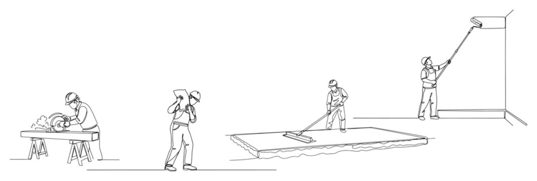 Construction workers performing various site tasks like sawing carrying bags leveling concrete and painting walls in line art