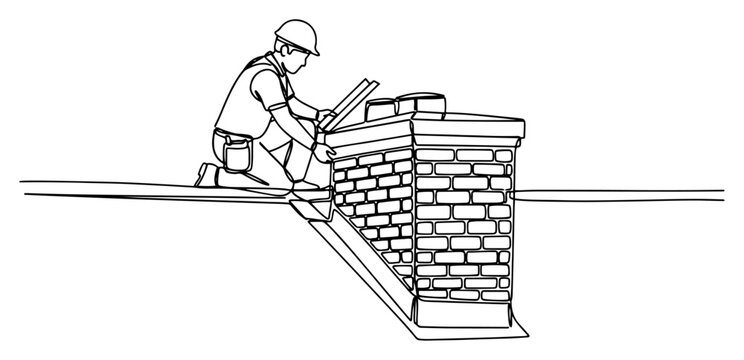 Roofer installing metal flashing on a brick chimney in minimalist continuous line art style