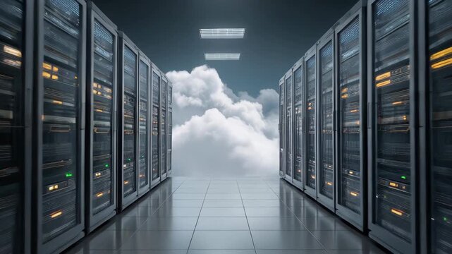 Innovative server datacenter showcasing advanced cloud computing and data storage technology in a modern facility during a bright day