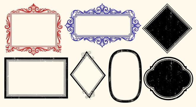 A collection of seven vintage and ornate frames and borders in various shapes and styles, including rectangular, diamond, and oval designs with distressed textures.