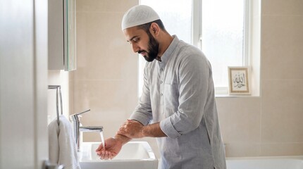 Muslim man washing hands in bathroom with focused expression  