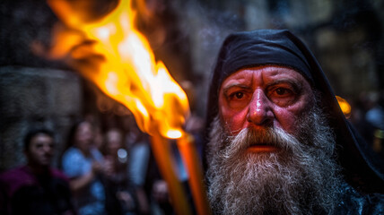A priest holds candles burning with holy fire on Holy Saturday, on the eve of Orthodox Easter. The Blessed fire being carried out from the Holy Sepulchre.
