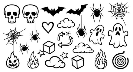 A collection of spooky and Halloween-themed graphic elements including skulls, bats, spiders, ghosts, and flames.
