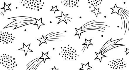 Hand-drawn black and white pattern featuring whimsical stars, shooting stars, and scattered dots on a white background, perfect for celestial themes. © Citra