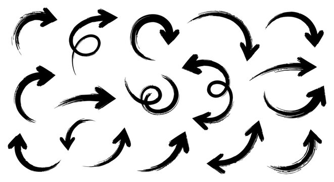 A collection of hand-drawn black brushstroke arrows pointing in various directions, including curved, straight, and spiral shapes, on a white background.