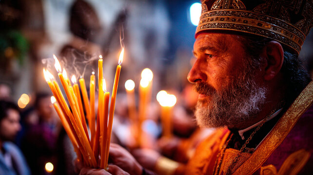 A priest holds candles burning with holy fire on Holy Saturday, on the eve of Orthodox Easter. The Blessed fire being carried out from the Holy Sepulchre.