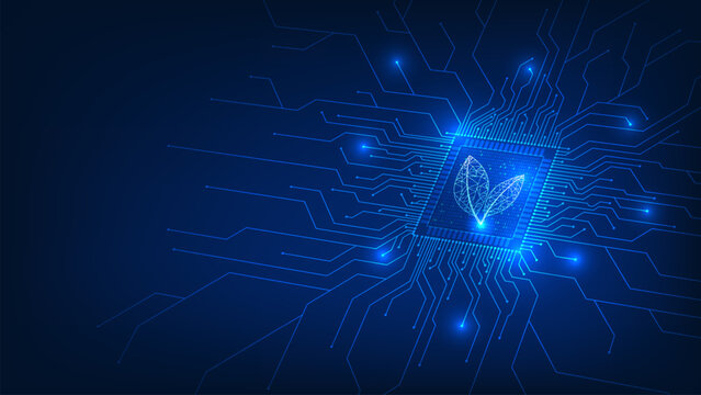 Green Technology Background with Leaf Microchip and Digital Circuit, AI for Sustainable Concept, Net Zero Emission Innovation, Eco-Friendly Artificial Intelligence, Energy and Environmental Technology