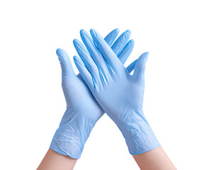 Obraz premium Light-blue nitrile disposable gloves, clasped. Hands crossed. Close-up. Clean, sterile