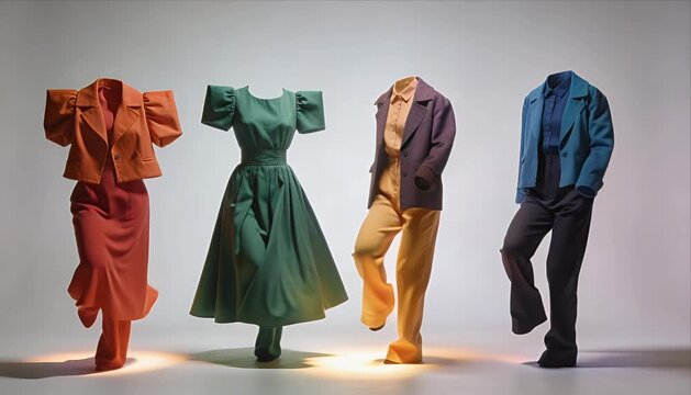 Surreal colorful fashion silliness playful empty outfit dance studio with floating garment creating whimsical creative scene spotlight vibrant style creative concept and minimal light shadow display