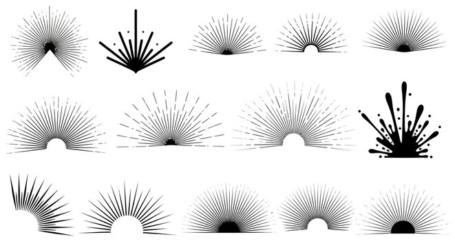 A collection of black and white sunburst and starburst graphic design elements with radial lines.