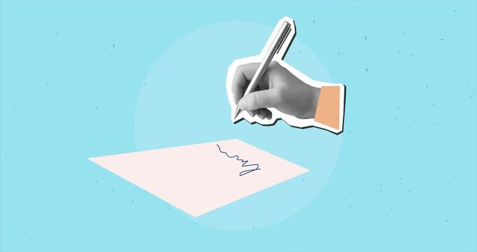 Black and white hand signs on a document. Modern collage style. 4K animation