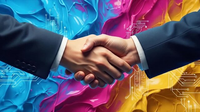 Two businessmen shaking hands in a vibrant colorful abstract background symbolizing partnership and success.