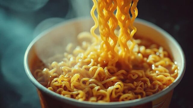  A steaming bowl of instant noodles, perfectly cooked and ready to be enjoyed, evokes feelings of warmth, comfort, and culinary satisfaction.