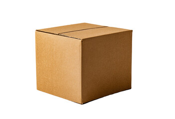 A plain, light brown cardboard box, square-shaped, stands isolated on a black background