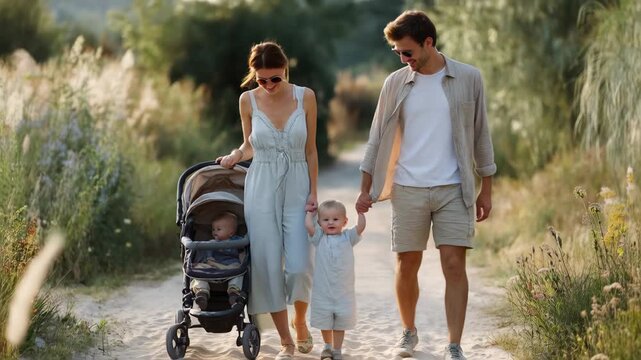 Joyful family stroll through nature trail during sunny summer afternoon with baby in stroller
