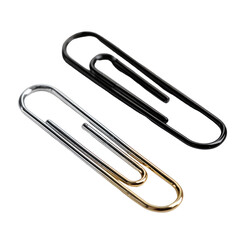 Two metal paperclips, one black, one light-gray/silver,  close-up,  angled view,  showing the loops and the joining part