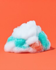 Fototapeta premium White Soap Foam Pile with Colorful Accents on Orange Background for Skincare Product Marketing and Cosmetic Hygiene Advertising with Copy Space