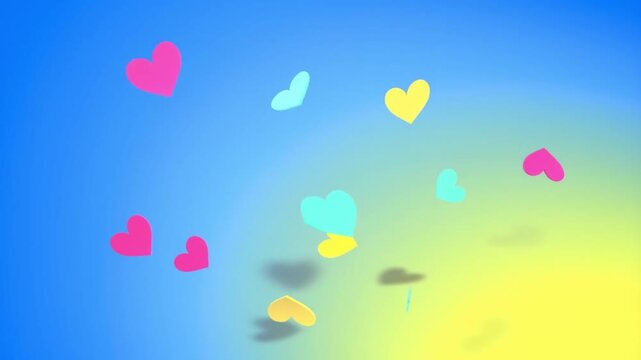 Multiple flat paper hearts in bold solid colors floating and rotating in a bright gradient yellow to blue background concept of playful graphic design and joyful geometry
