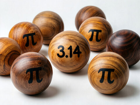 wooden balls with inscription "3.14" and  number "pi" ("&pi;") on a white surface against a clean white background
