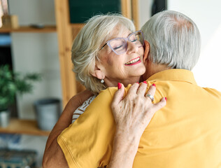 Portrait of a happy senior couple embracing talking at home