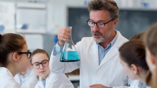Chemistry teacher explains concepts to students while holding a fluid beaker in a bright classroom filled with eager learners