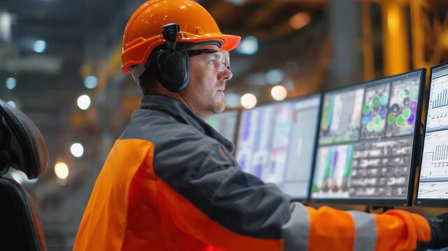 Worker in safety vest and helmet monitors data on multiple screens in industrial control room during daytime operations