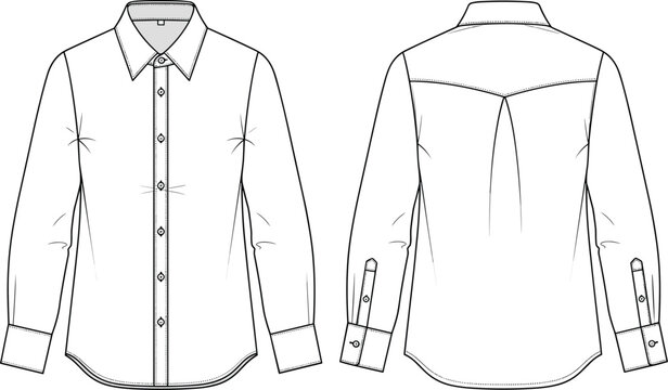 Technical flat sketch of long-sleeve button-up shirt front and back, fashion illustration for garment construction, pattern making, and apparel design reference.