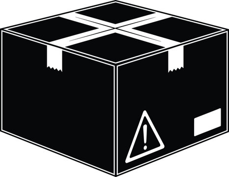 Black and white cardboard box with warning symbol, packaging illustration for shipping safety, hazardous goods handling, and caution label design reference.