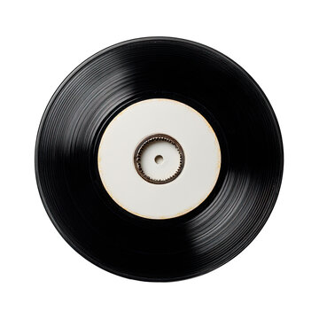 Close-up of a black vinyl record with a white label