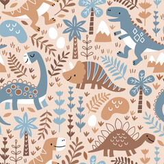 Obraz premium Seamless vector pattern with dinosaurs, mountains and palm trees. Hand drawn cute dino design. Perfect for fabric, wallpaper, wrapping paper or nursery decor.