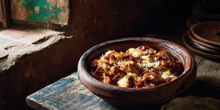 Traditional Dum Handi Chicken Biryani served in a rustic clay pot on a weathered wooden table for food magazine with copy space on a dark textured background
