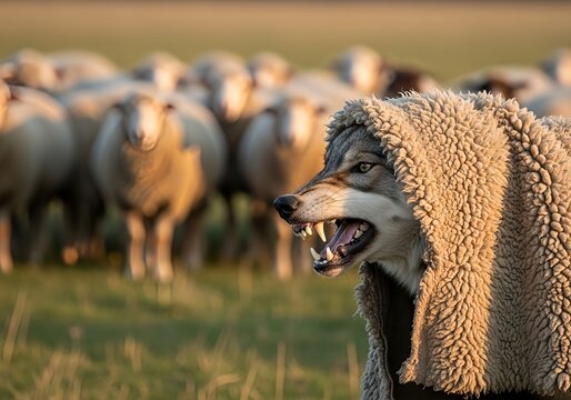A snarling wolf in sheep clothing such as false leaders who deceive others for personal gain. 