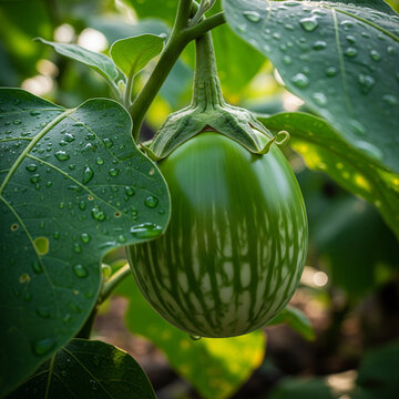 green eggplant with water drops in the garden