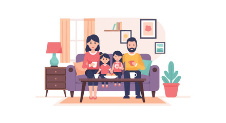 Fototapeta premium Vector illustration of a family sitting on a purple couch in a living room, with a coffee table and lamp, for website or presentation