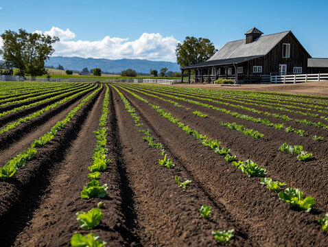 AI generator images of farm grows romaine lettuce, also known as cos lettuce, a popular leafy green vegetable used in salads. Napa cabbage and romaine lettuce are neatly arranged in rows on the farm.