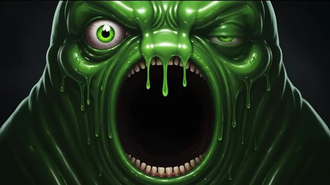 Green Slime Monster Roaring Ominous Creature of Nightmare.