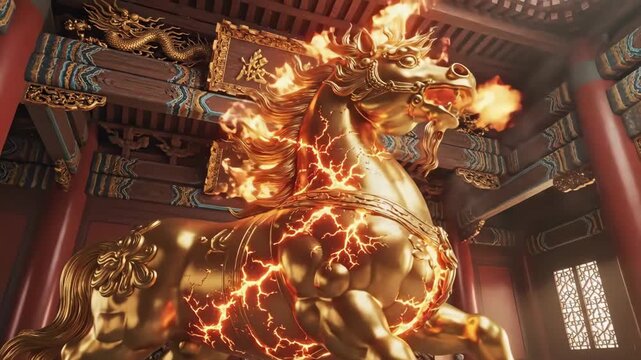 Majestic Golden Kirin Statue Emitting Fiery Energy in Ancient Temple Hall.