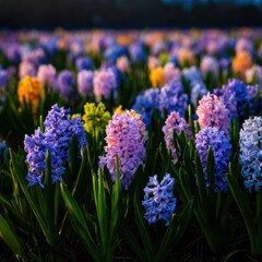 Fototapeta premium Large Bed of Multi Colored Hyacinths Blooming in a Spring Garden for Traditional Easter Floral Background and Seasonal Marketing with Soft Natural Light
