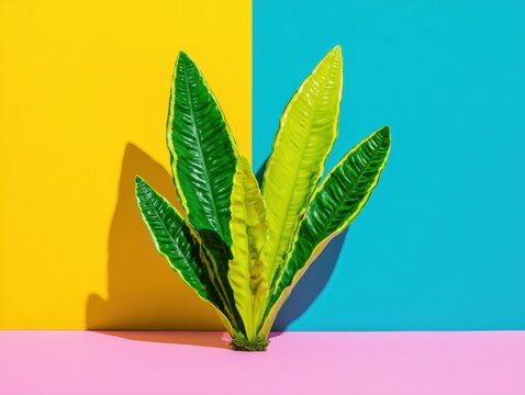 Vibrant Java Fern Plant with Long Wavy Green Leaves Standing Against a Colorful Two Tone Background for Nature Branding and Creative Indoor Garden Social Media Posts