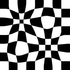 Obraz premium Retro checkered distorted black vector background. Wallpaper in the style of 70s summer hippies. Psychedelic geometric checkered pattern. Trippy checkerboard with warped cells. Groovy Y2K design.